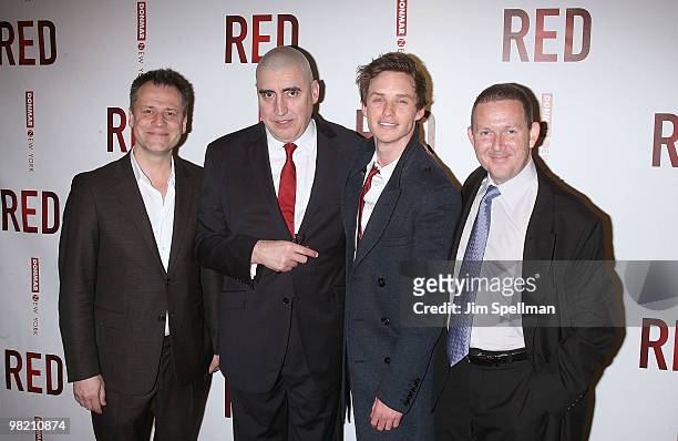 Director Michael Grandage, Actors Alfred Molina and Eddie Redmayne and Playwright John Logan attend the opening night party for "RED" on Broadway at...