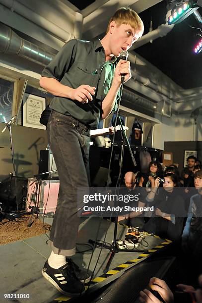 Jonathan Pierce of Brooklyn based band The Drums performs at Rough Trade East on April 1, 2010 in London, England.