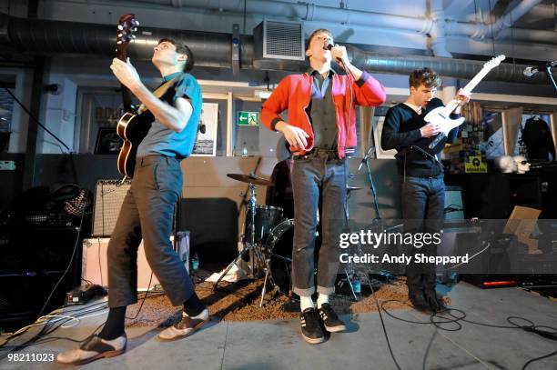 Jacob Graham, Jonathan Pierce and Adam Kessler of Brooklyn based band The Drums perform at Rough Trade East on April 1, 2010 in London, England.