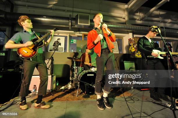 Jacob Graham, Jonathan Pierce and Adam Kessler of Brooklyn based band The Drums perform at Rough Trade East on April 1, 2010 in London, England.