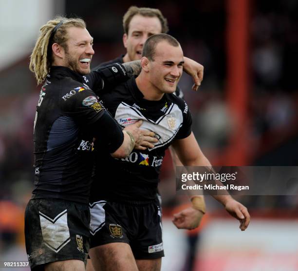 Sean Long and Danny Houghton of Hull FC celebrate victory after the engage Super League match between Hull Kingston Rovers and Hull FC at Craven Park...