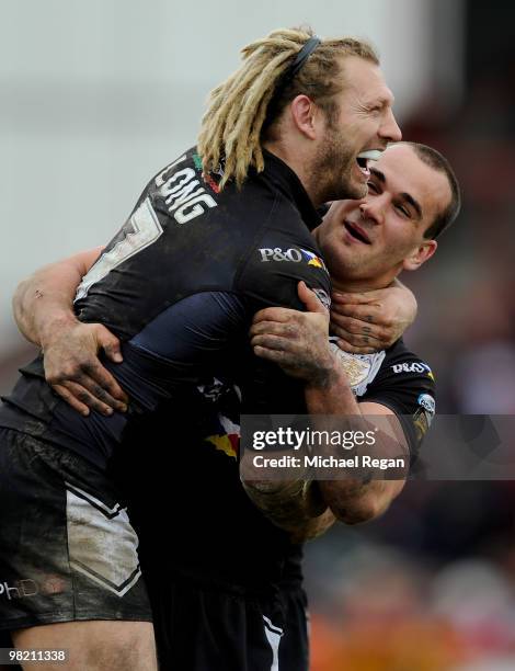 Sean Long and Danny Houghton of Hull FC celebrate victory after the engage Super League match between Hull Kingston Rovers and Hull FC at Craven Park...