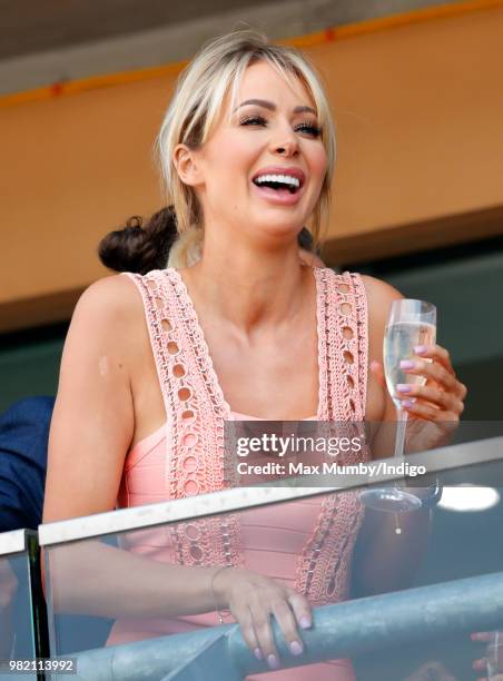 Olivia Attwood watches the racing as she attends day 3 'Ladies Day' of Royal Ascot at Ascot Racecourse on June 21, 2018 in Ascot, England.