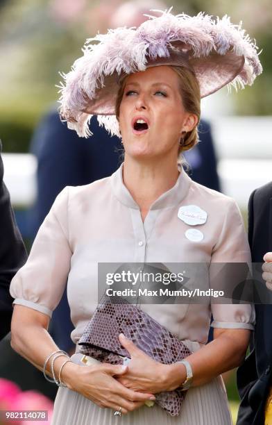 Sophie, Countess of Wessex reacts as she watches Frankie Dettori ride 'Stradivarius' to victory in The Gold Cup on day 3 'Ladies Day' of Royal Ascot...