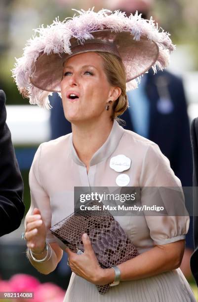 Sophie, Countess of Wessex reacts as she watches Frankie Dettori ride 'Stradivarius' to victory in The Gold Cup on day 3 'Ladies Day' of Royal Ascot...