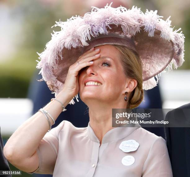 Sophie, Countess of Wessex reacts as she watches Frankie Dettori ride 'Stradivarius' to victory in The Gold Cup on day 3 'Ladies Day' of Royal Ascot...