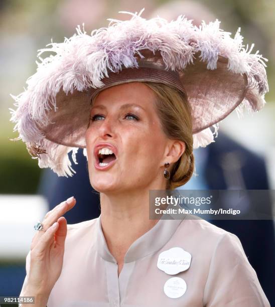 Sophie, Countess of Wessex reacts as she watches Frankie Dettori ride 'Stradivarius' to victory in The Gold Cup on day 3 'Ladies Day' of Royal Ascot...