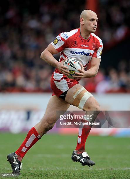 Mick Vella of Hull KR runs with the ball during the engage Super League match between Hull Kingston Rovers and Hull FC at Craven Park on April 2,...