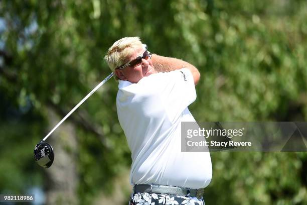 John Daly hits his tee shot on the second hole during the second round of the American Family Insurance Championship at University Ridge Golf Course...