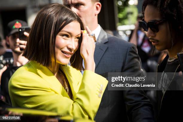 Bella Hadid is seen in the streets of Paris after the Dior Homme show, during Paris Men's Fashion Week Spring/Summer 2019 on June 23, 2018 in Paris,...