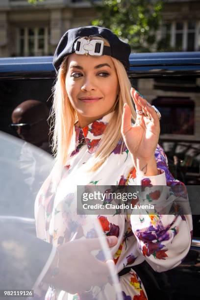 Rita Ora, is seen in the streets of Paris after the Dior Homme show, during Paris Men's Fashion Week Spring/Summer 2019 on June 23, 2018 in Paris,...