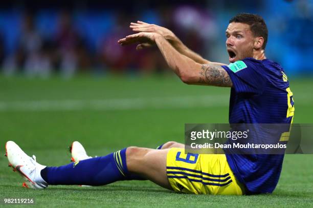 Marcus Berg of Sweden asks for a penalty during the 2018 FIFA World Cup Russia group F match between Germany and Sweden at Fisht Stadium on June 23,...