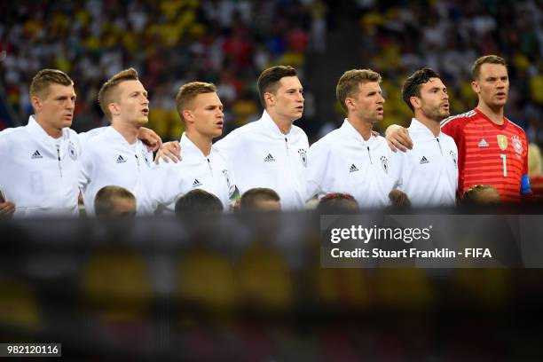 Germany lines up prior to the 2018 FIFA World Cup Russia group F match between Germany and Sweden at Fisht Stadium on June 23, 2018 in Sochi, Russia.