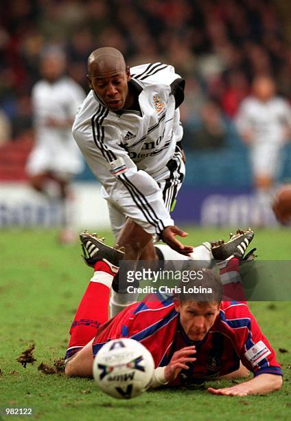 Luis Boa Morte of Fulham challenges Dean Austin of Crystal Palace for the ball during the Crystal Palace v Fulham Nationwide Division One match...