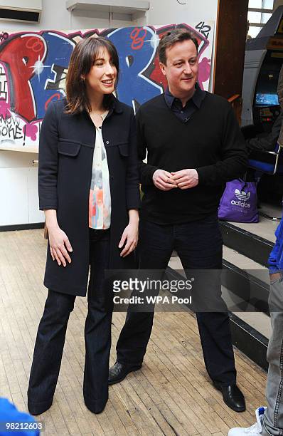 Conservative Party Leader David Cameron and his wife Samantha Cameron during a visit to the Pedro Club in Hackney on April 02, 2010 in London,...