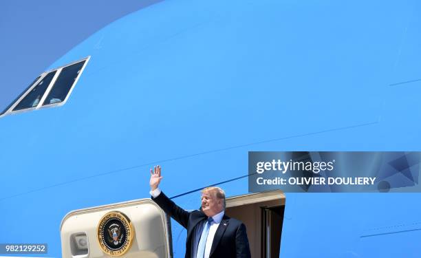 President Donald Trump arrives aboard Air Force One at McCarran International airport in Las Vegas, Nevada, on June 23, 2018. - Trump is traveling to...