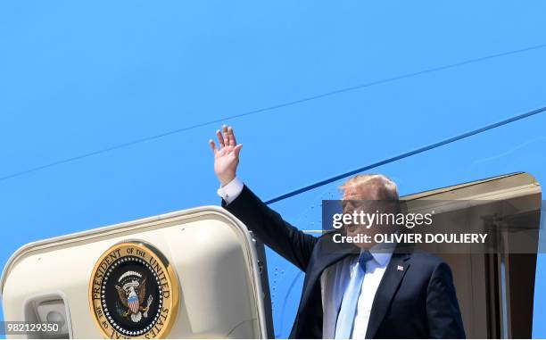 President Donald Trump arrives aboard Air Force One at McCarran International airport in Las Vegas, Nevada, on June 23, 2018. - Trump is traveling to...