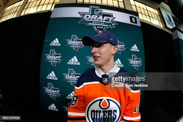 Olivier Rodrigue speaks to the media after being selected 62nd overall by the Edmonton Oilers during the 2018 NHL Draft at American Airlines Center...