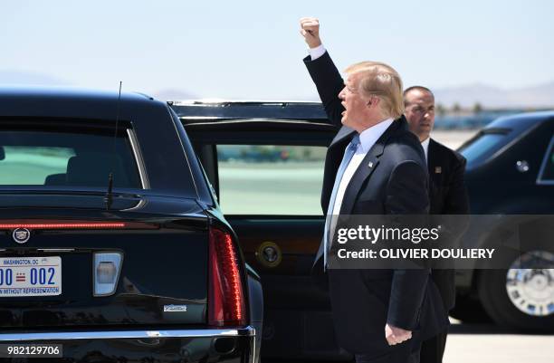 President Donald Trump arrives at McCarran International Airport in Las Vegas, Nevada, on June 23, 2018. - Trump will be attending a fundraiser and...