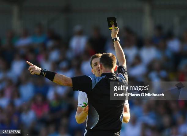 Longford , Ireland - 23 June 2018; Niall Kelly of Kildare is shown the black card by referee Joe McQuillan early in the first half during the GAA...