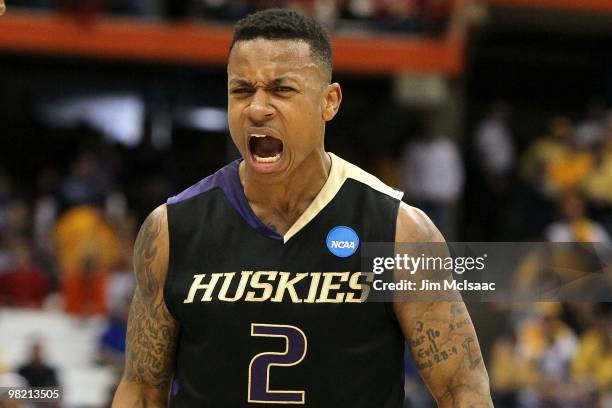 Isaiah Thomas of the Washington Huskies reacts against the West Virginia Mountaineers during the east regional semifinal of the 2010 NCAA men's...