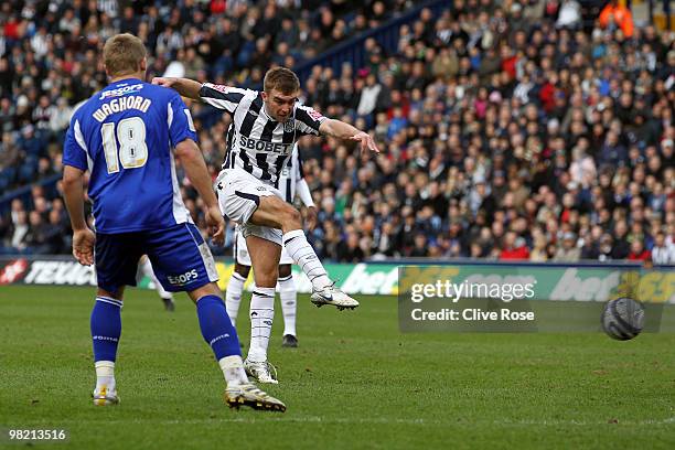 James Morrison of West Bromwich Albion scores the opening goal during the Coca Cola Championship match between West Bromwich Albion and Leicester...