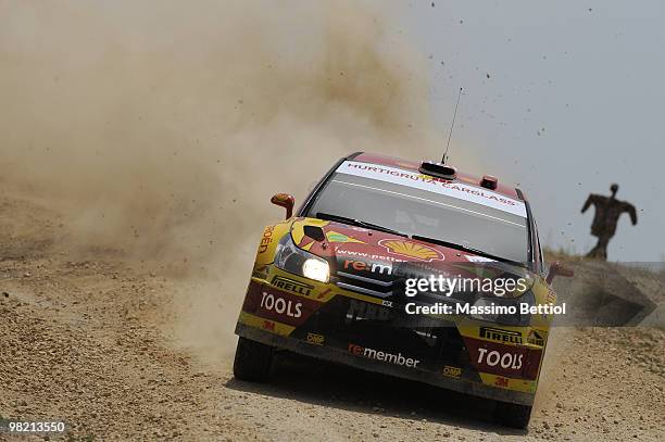 Petter Solberg of Norway and Phil Mills of Great Britain compete in their Citroen C4 during Leg 2 of the WRC Rally Jordan on April 2, 2010 in Amman,...