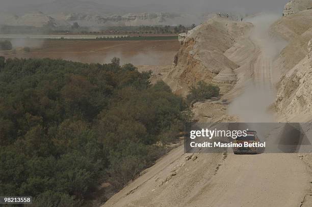 Petter Solberg of Norway and Phil Mills of Great Britain compete in their Citroen C4 during Leg 2 of the WRC Rally Jordan on April 2, 2010 in Amman,...