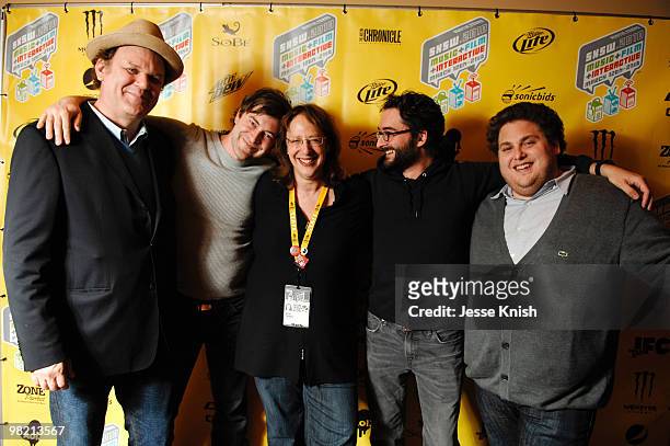 John C. Reilly, Mark Duplass, Janet Pierson, Jay Duplass and Jonah Hill attend the Cyrus Red Carpet Arrivals And Greenroom at 2010 SXSW Festival at...