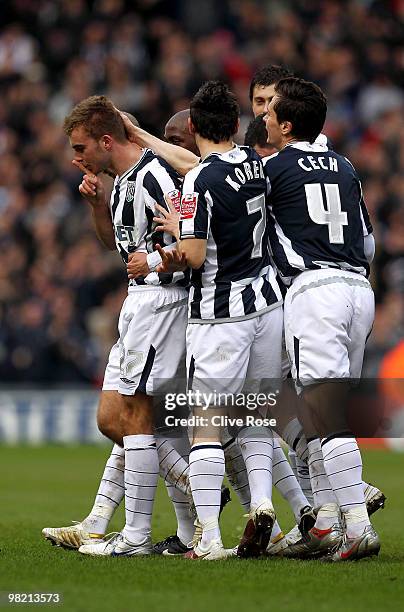 James Morrison of West Bromwich Albion celebrates his goal with team mates during the Coca Cola Championship match between West Bromwich Albion and...