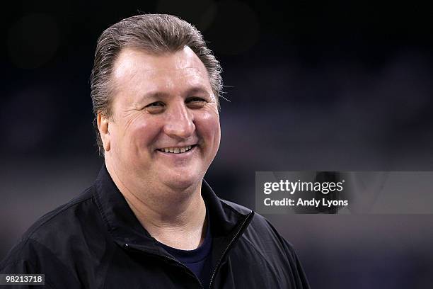 Head coach Bob Huggins of the West Virginia Mountaineers looks on during practice prior to the 2010 Final Four of the NCAA Division I Men's...