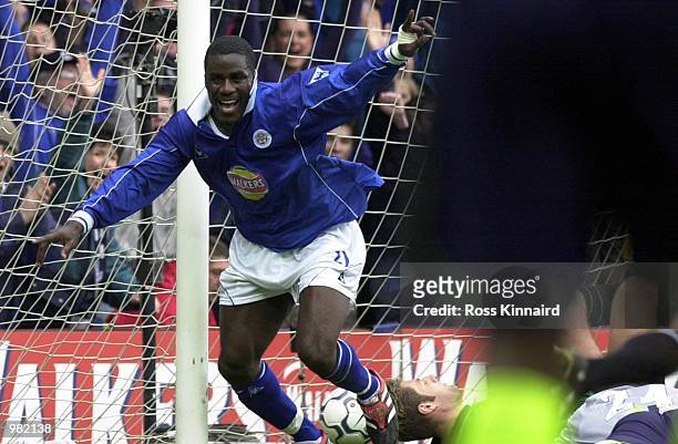Ade Akinbiyi of Leicester celebrates after scoring during the FA Carling Premiership match between Leicester City v Manchester City at Filbert...