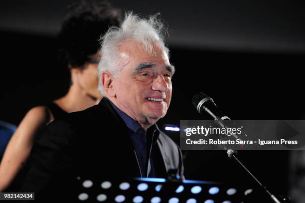 American movie director Martin Scorsese attends the inauguration of the "Sottole Stelle del Cinema Film Festival at piazza Maggiore on June 21, 2018...