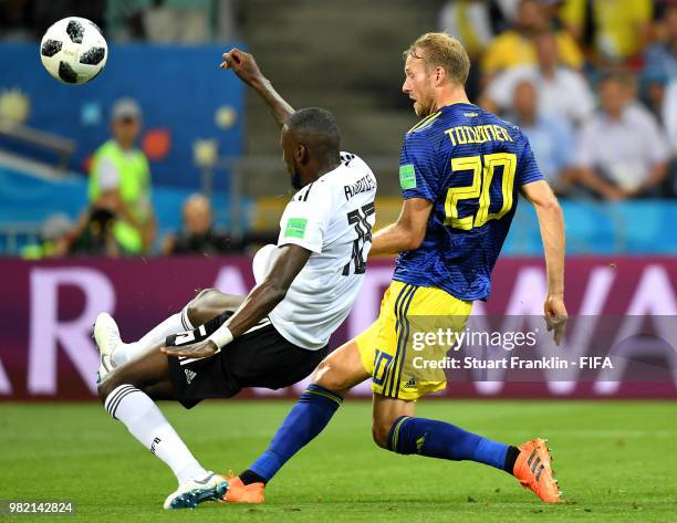 Ola Toivonen of Sweden scores his team's first goal during the 2018 FIFA World Cup Russia group F match between Germany and Sweden at Fisht Stadium...