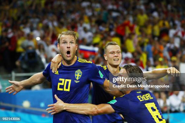 Ola Toivonen of Sweden celebrates with Albin Ekdal after scoring the opening goal during the 2018 FIFA World Cup Russia group F match between Germany...