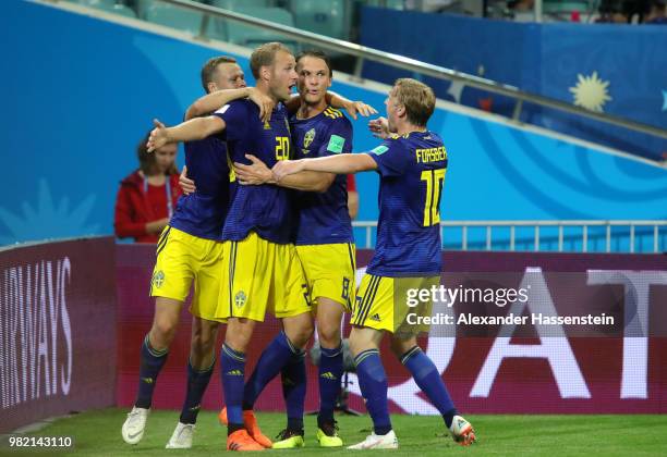 Ola Toivonen of Sweden celebrates with Emil Forsberg after scoring the opening goal during the 2018 FIFA World Cup Russia group F match between...