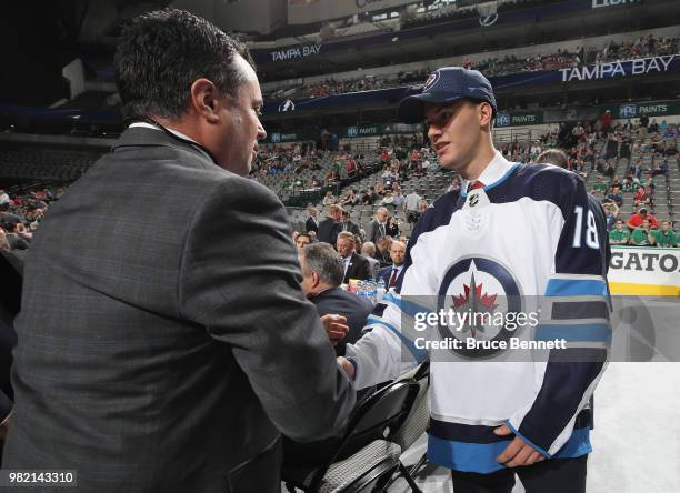 Declan Chisholm reacts after being selected 150th overall by the Winnipeg Jets during the 2018 NHL Draft at American Airlines Center on June 23, 2018...