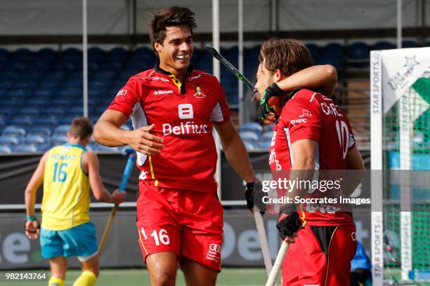 Cedric Charlier of Belgium celebrates 0-1 with Thomas Briels of Belgium during the Champions Trophy match between Australia v Belgium at the...