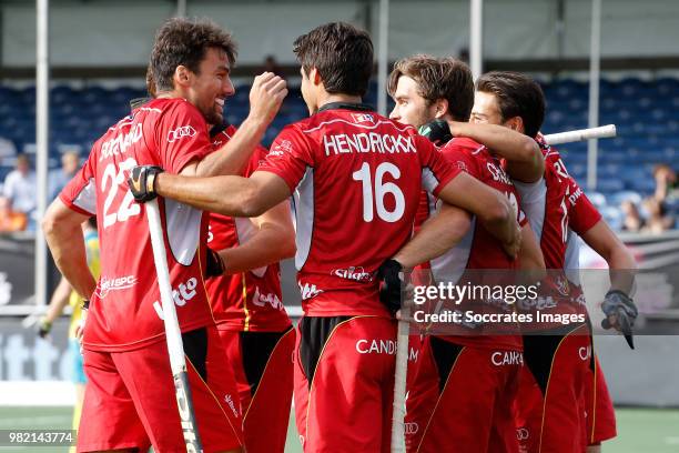 Cedric Charlier of Belgium celebrates 0-1 with Thomas Briels of Belgium during the Champions Trophy match between Australia v Belgium at the...