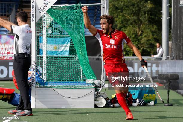 Cedric Charlier of Belgium celebrates 0-1 during the Champions Trophy match between Australia v Belgium at the Hockeyclub Breda on June 23, 2018 in...
