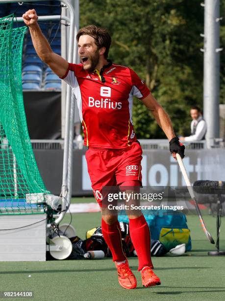 Cedric Charlier of Belgium celebrates 0-1 during the Champions Trophy match between Australia v Belgium at the Hockeyclub Breda on June 23, 2018 in...