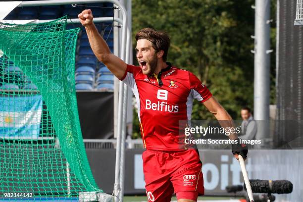 Cedric Charlier of Belgium celebrates 0-1 during the Champions Trophy match between Australia v Belgium at the Hockeyclub Breda on June 23, 2018 in...