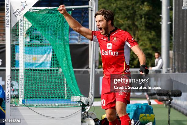 Cedric Charlier of Belgium celebrates 0-1 during the Champions Trophy match between Australia v Belgium at the Hockeyclub Breda on June 23, 2018 in...