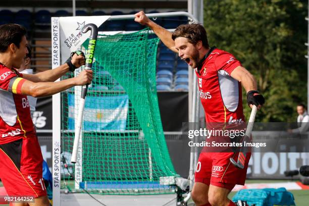 Cedric Charlier of Belgium celebrates 0-1 during the Champions Trophy match between Australia v Belgium at the Hockeyclub Breda on June 23, 2018 in...