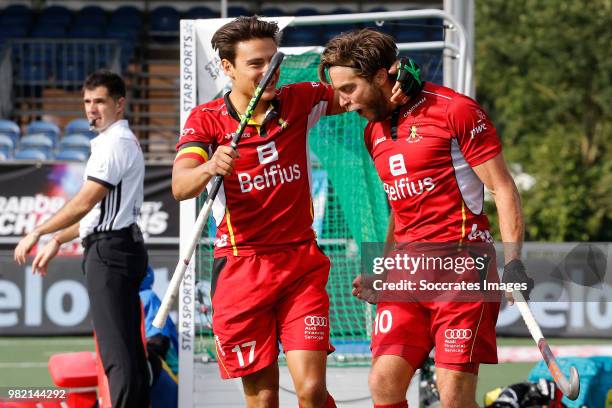 Cedric Charlier of Belgium celebrates 0-1 with Thomas Briels of Belgium during the Champions Trophy match between Australia v Belgium at the...