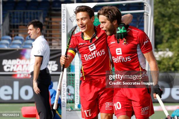 Cedric Charlier of Belgium celebrates 0-1 with Thomas Briels of Belgium during the Champions Trophy match between Australia v Belgium at the...