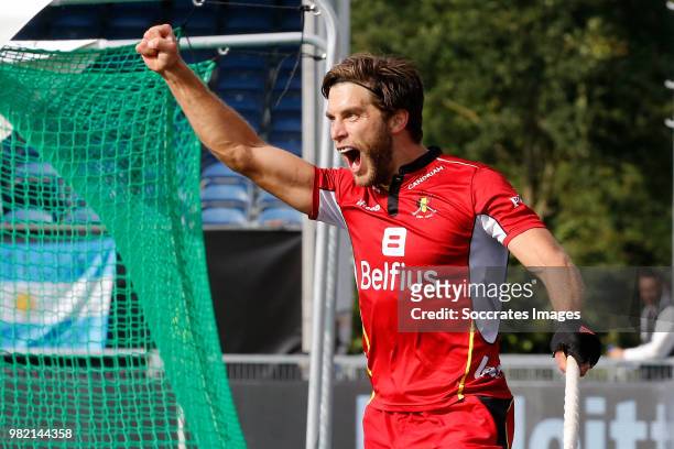 Cedric Charlier of Belgium celebrates 0-1 during the Champions Trophy match between Australia v Belgium at the Hockeyclub Breda on June 23, 2018 in...