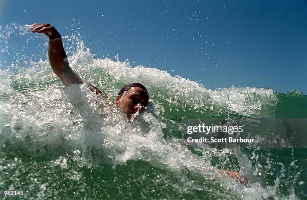 Penny Turner of Surfers Paradise in action in the swim section of the 2000/2001 Uncle Tobys Ironwoman Series held at Manly Beach, Sydney, Australia....