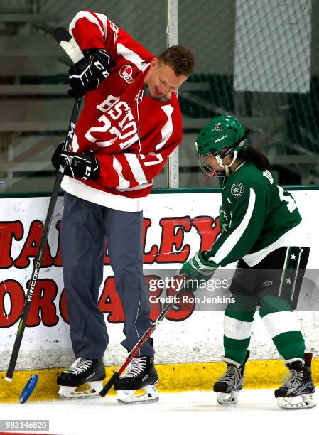 Brady Tkachuk of the USA participates in the Top Prospects Youth Hockey Clinic ahead of the 2018 NHL Draft at the Dr. Pepper StarCenter on June 21,...