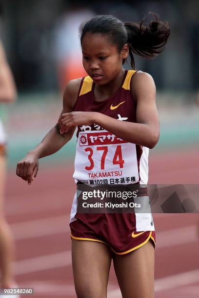 Tomomi Musembi Takamatsu reacts after winning the Women's 1500m final on day two of the 102nd JAAF Athletic Championships at Ishin Me-Life Stadium on...